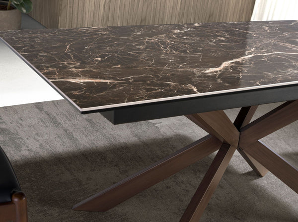 Rectangular extendable dining table in porcelain marble and walnut-effect steel