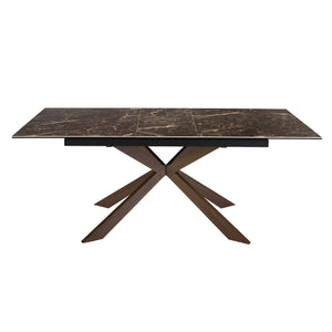 Rectangular extendable dining table in porcelain marble and walnut-effect steel