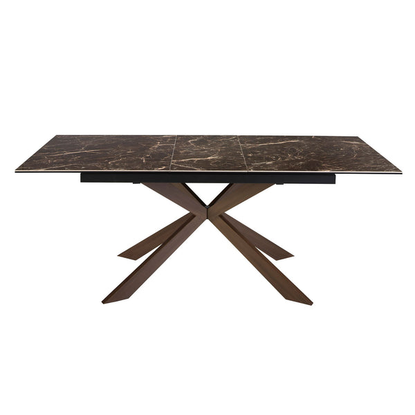 Rectangular extendable dining table in porcelain marble and walnut-effect steel