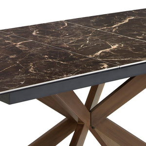 Rectangular extendable dining table in porcelain marble and walnut-effect steel