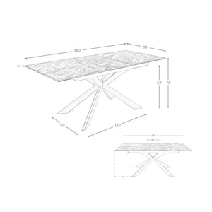 Rectangular extendable dining table in porcelain marble and walnut-effect steel