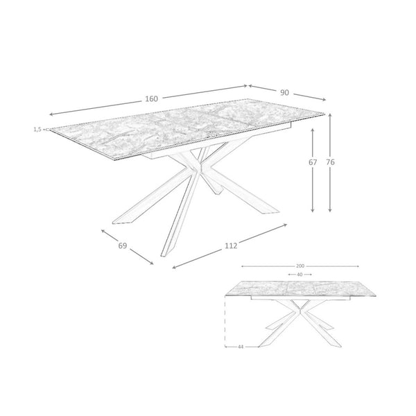 Rectangular extendable dining table in porcelain marble and walnut-effect steel