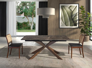 Rectangular extendable dining table in porcelain marble and walnut-effect steel