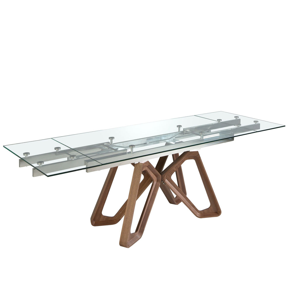 Rectangular extendable dining table in tempered glass and walnut