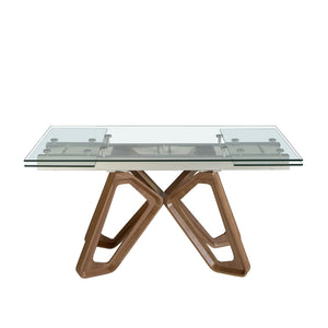 Rectangular extendable dining table in tempered glass and walnut
