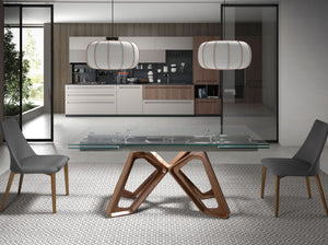 Rectangular extendable dining table in tempered glass and walnut
