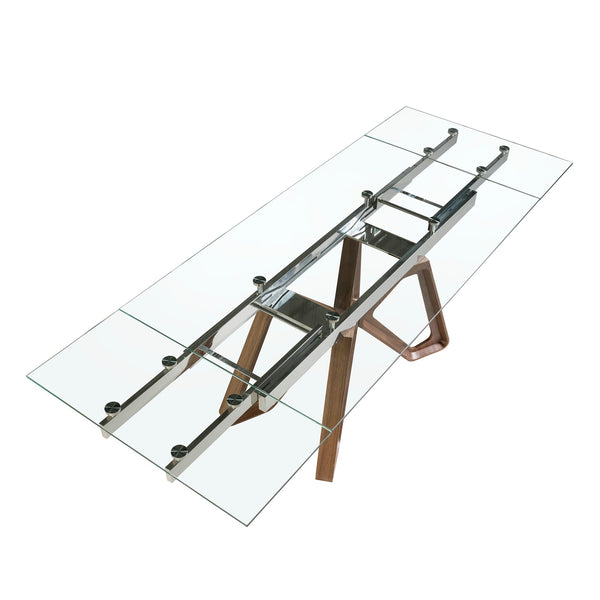 Rectangular extendable dining table in tempered glass and walnut