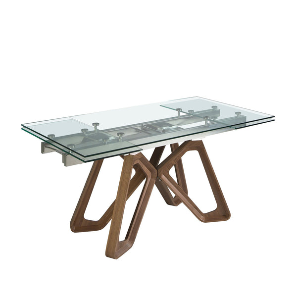 Rectangular extendable dining table in tempered glass and walnut