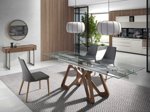 Rectangular extendable dining table in tempered glass and walnut