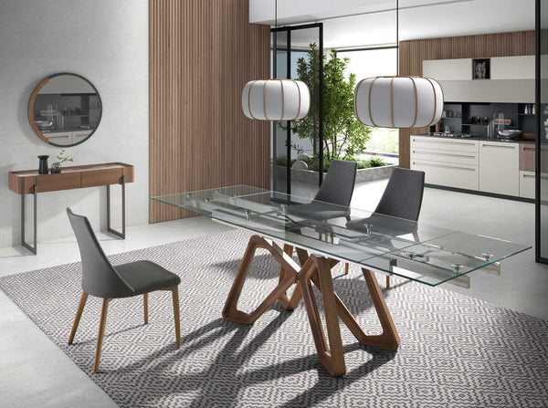 Rectangular extendable dining table in tempered glass and walnut