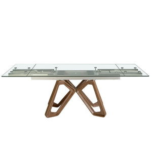 Rectangular extendable dining table in tempered glass and walnut
