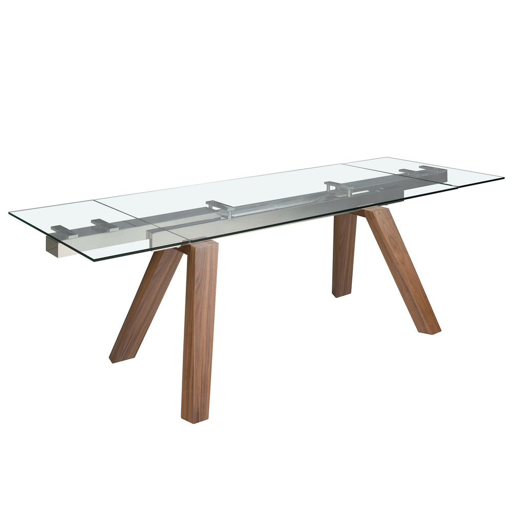 Rectangular extendable dining table in tempered glass and walnut