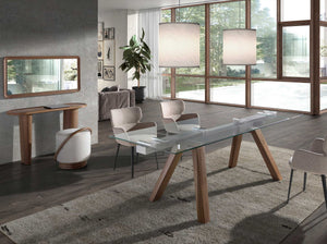 Rectangular extendable dining table in tempered glass and walnut