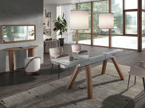 Rectangular extendable dining table in tempered glass and walnut