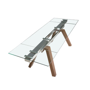 Rectangular extendable dining table in tempered glass and walnut