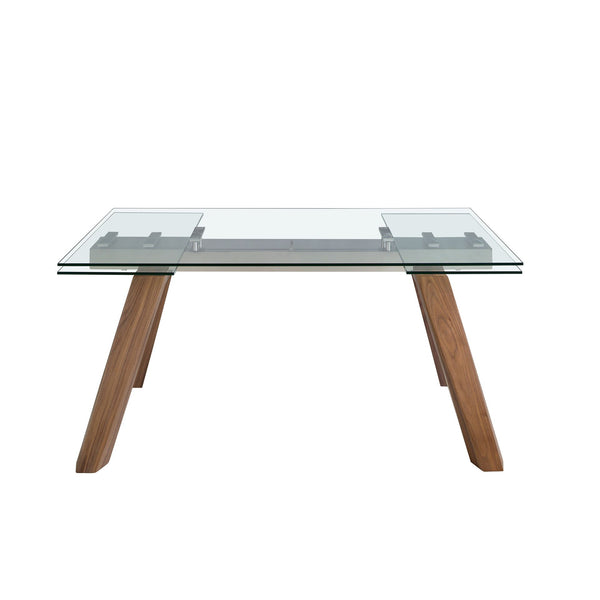 Rectangular extendable dining table in tempered glass and walnut