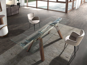 Rectangular extendable dining table in tempered glass and walnut