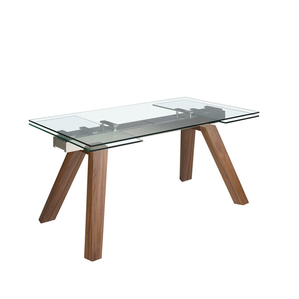 Rectangular extendable dining table in tempered glass and walnut