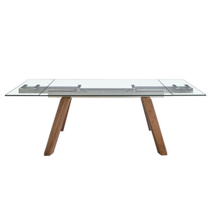 Rectangular extendable dining table in tempered glass and walnut