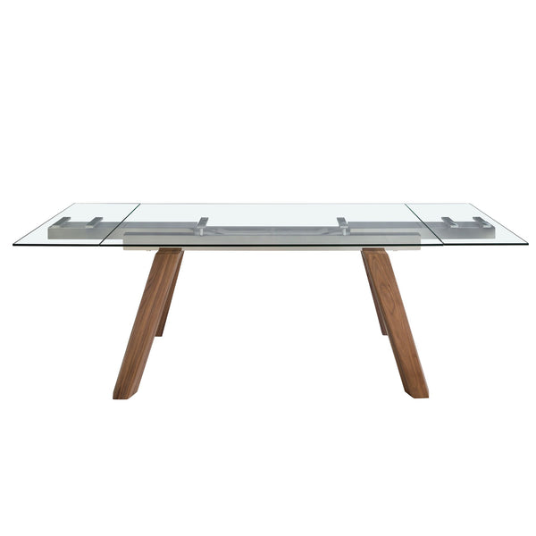 Rectangular extendable dining table in tempered glass and walnut