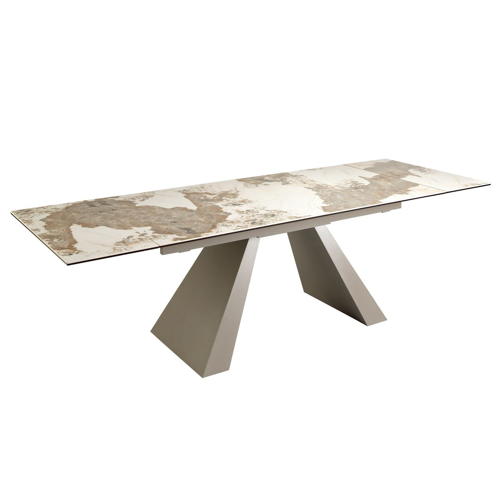 Rectangular extendable dining table in porcelain marble and champagne-colored steel