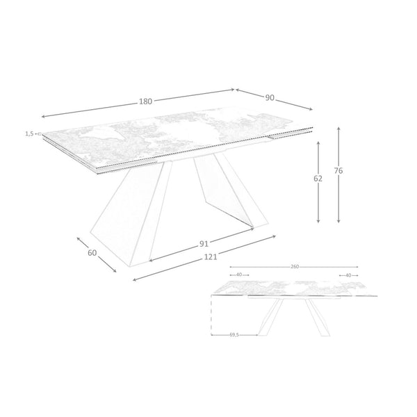 Rectangular extendable dining table in porcelain marble and champagne-colored steel