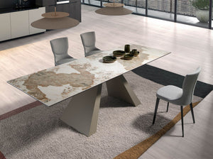 Rectangular extendable dining table in porcelain marble and champagne-colored steel