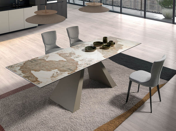 Rectangular extendable dining table in porcelain marble and champagne-colored steel