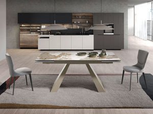 Rectangular extendable dining table in porcelain marble and champagne-colored steel
