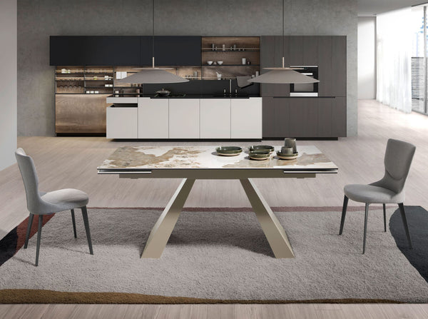 Rectangular extendable dining table in porcelain marble and champagne-colored steel