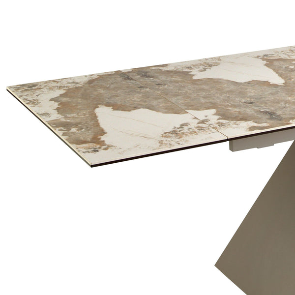 Rectangular extendable dining table in porcelain marble and champagne-colored steel