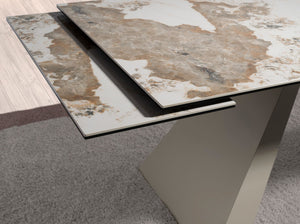 Rectangular extendable dining table in porcelain marble and champagne-colored steel