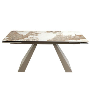 Rectangular extendable dining table in porcelain marble and champagne-colored steel