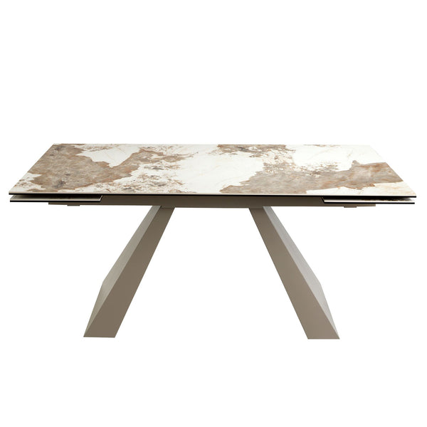 Rectangular extendable dining table in porcelain marble and champagne-colored steel
