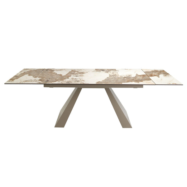 Rectangular extendable dining table in porcelain marble and champagne-colored steel