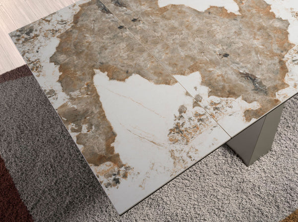 Rectangular extendable dining table in porcelain marble and champagne-colored steel