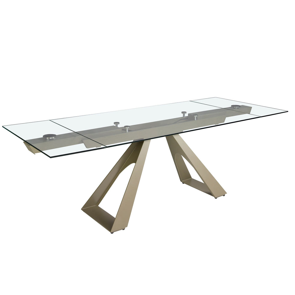 Extendable rectangular dining table with tempered glass and champagne-colored steel