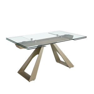 Extendable rectangular dining table with tempered glass and champagne-colored steel