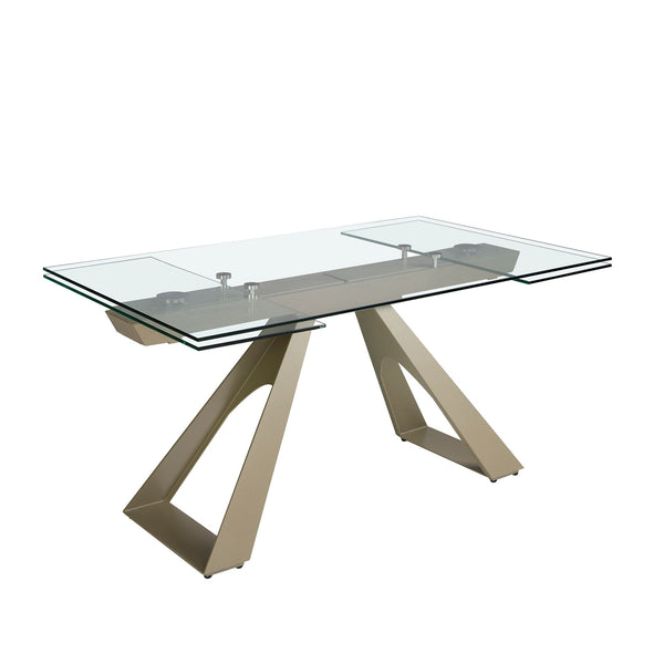 Extendable rectangular dining table with tempered glass and champagne-colored steel