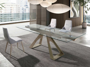 Extendable rectangular dining table with tempered glass and champagne-colored steel