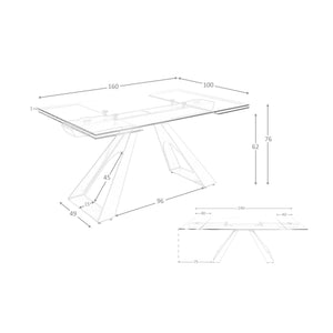 Extendable rectangular dining table with tempered glass and champagne-colored steel