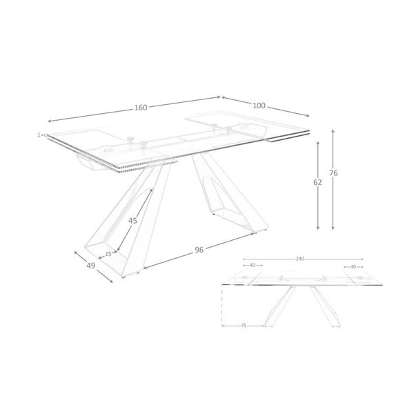 Extendable rectangular dining table with tempered glass and champagne-colored steel