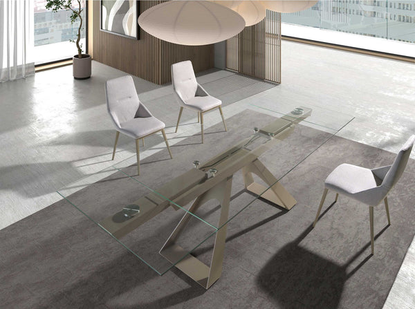 Extendable rectangular dining table with tempered glass and champagne-colored steel
