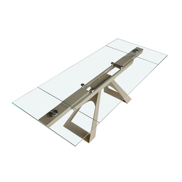 Extendable rectangular dining table with tempered glass and champagne-colored steel