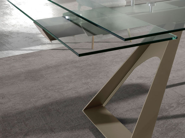 Extendable rectangular dining table with tempered glass and champagne-colored steel