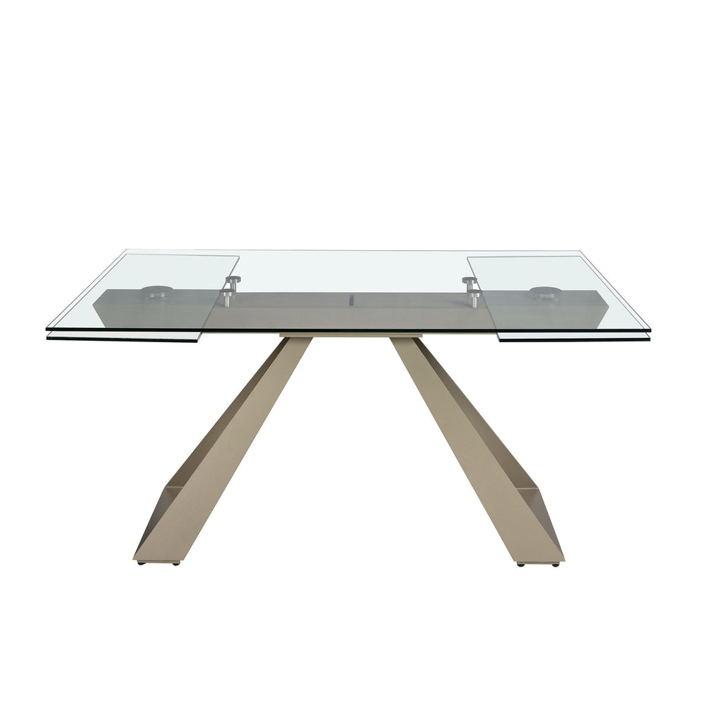 Extendable rectangular dining table with tempered glass and champagne-colored steel