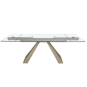 Extendable rectangular dining table with tempered glass and champagne-colored steel