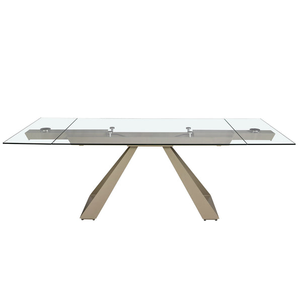 Extendable rectangular dining table with tempered glass and champagne-colored steel
