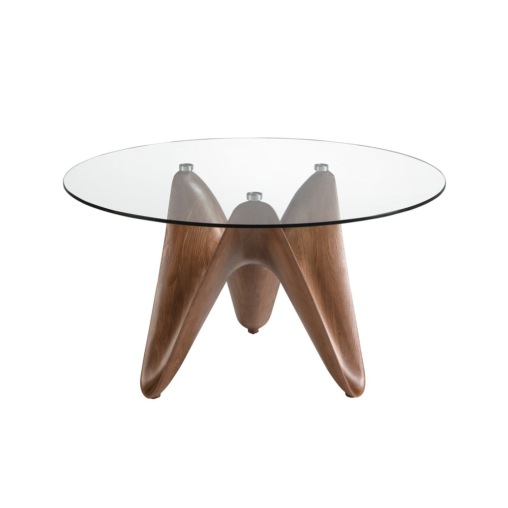Round dining table in tempered glass and walnut