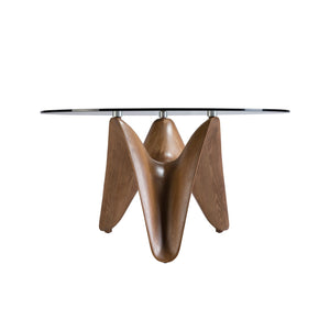 Round dining table in tempered glass and walnut